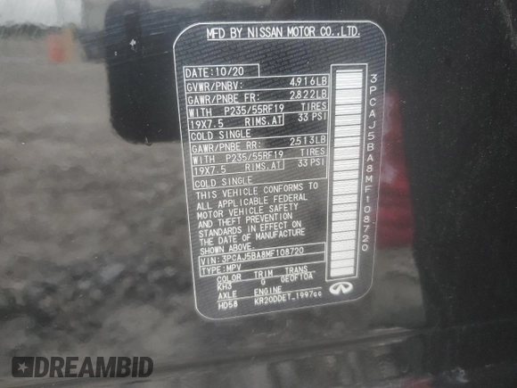 2021 Infiniti QX50 Luxe с VIN 3PCAJ5BA8MF108720, выставлен на аукционе Copart как лот 58894295 с пробегом 67 643 миль миль и Списание • Salvage title. История ставок и продаж доступна на DreamBid. Изображение 13.