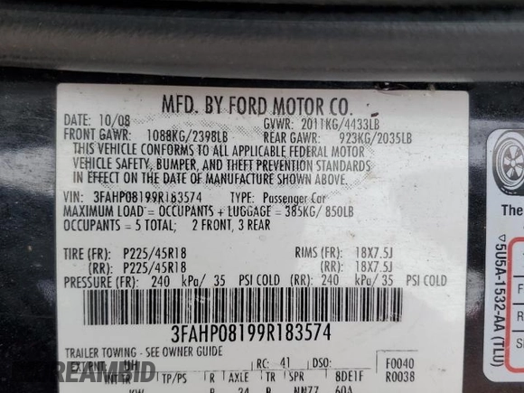 2009 Ford Fusion SEL with VIN 3FAHP08199R183574, listed as a Copart auction lot 53973235 with Not Provided miles and Non Repairable. Bid and sale history available at carsss.com. Image 12.