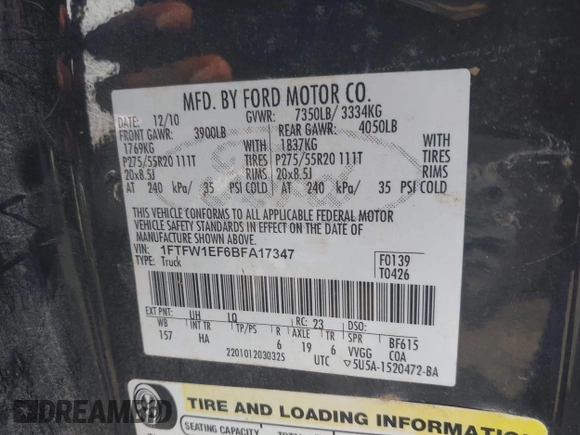 2011 Ford F-150 XL with VIN 1FTFW1EF6BFA17347, listed as a IAAI auction lot 42109380 with 74,931 mi miles and . Bid and sale history available at DreamBid. Image 9.