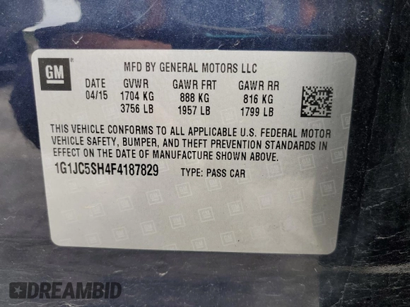 2015 Chevrolet Sonic LT with VIN 1G1JC5SH4F4187829, listed as a Copart auction lot 58529775 with 119,036 mi miles and Salvage title. Bid and sale history available at DreamBid. Image 12.