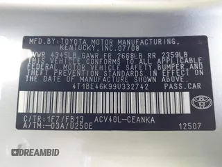 2009 Toyota Camry with VIN 4T1BE46K99U332742, listed as a IAAI auction lot 41992523 with 224,863 mi miles and . Bid and sale history available at DreamBid. Image 9.