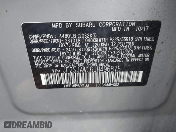 2018 Subaru Forester Touring with VIN JF2SJAWC6JH496875, listed as a IAAI auction lot 42347532 with 70,978 mi miles and . Bid and sale history available at DreamBid. Image 9.
