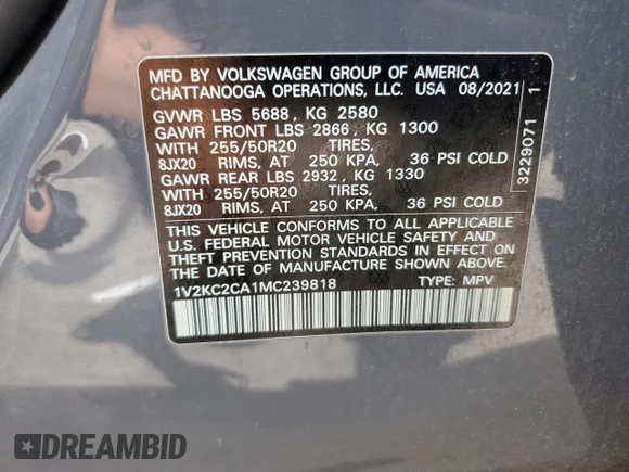 2021 Volkswagen Atlas SE with VIN 1V2KC2CA1MC239818, listed as a Copart auction lot 77467714 with Not provided miles and Salvage title. Bid and sale history available at DreamBid. Image 13.