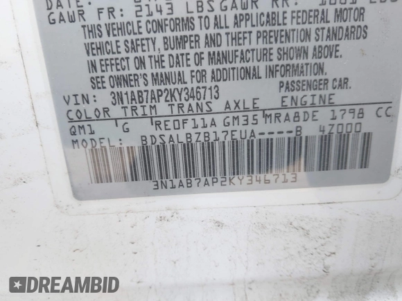 2019 Nissan Sentra SV with VIN 3N1AB7AP2KY346713, listed as a IAAI auction lot 41935437 with 89,575 mi miles and . Bid and sale history available at DreamBid. Image 9.