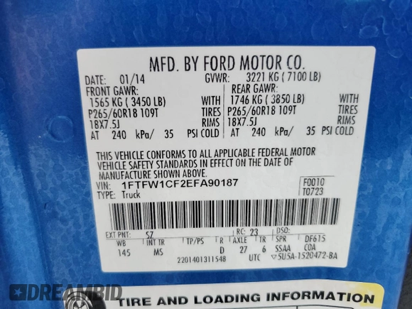 2014 Ford F-150 XL with VIN 1FTFW1CF2EFA90187, listed as a Copart auction lot 44587225 with 105,023 mi miles and Clean Title. Bid and sale history available at carsss.com. Image 13.