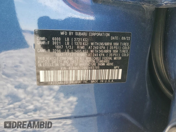 2022 Subaru Ascent Premium with VIN 4S4WMACD9N3465185, listed as a Copart auction lot 46791645 with Not provided miles and Clean title. Bid and sale history available at DreamBid. Image 13.