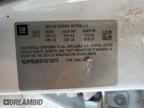 2015 Buick Verano Convenience Group with VIN 1G4PR5SK3F4219970, listed as a Copart auction lot 43664835 with 78,628 mi miles and Salvage Title. Bid and sale history available at carsss.com. Image 14.