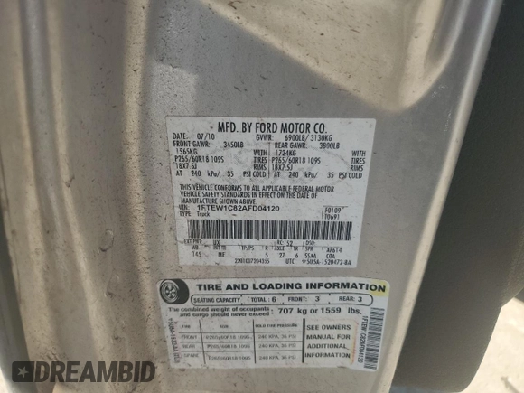 2010 Ford F-150 XL with VIN 1FTEW1C82AFD04120, listed as a Copart auction lot 48870955 with 209,719 mi miles and Salvage Title. Bid and sale history available at carsss.com. Image 12.