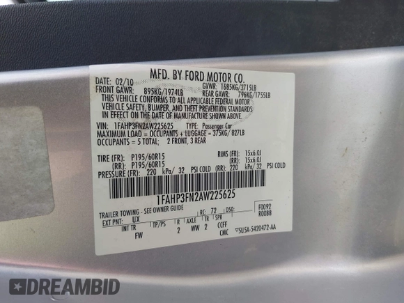 2010 Ford Focus SE with VIN 1FAHP3FN2AW225625, listed as a IAAI auction lot 42094502 with 96,196 mi miles. Bid and sale history available at carsss.com. Image 9.
