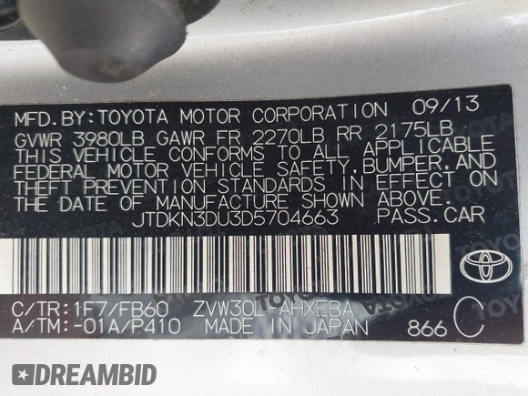 2013 Toyota Prius One z VIN JTDKN3DU3D5704663, wystawiony jako IAAI lot #42270987 z przebiegiem 169 353 mil mil oraz . Historia ofert i sprzedaży dostępna na DreamBid. Obrazek 9.