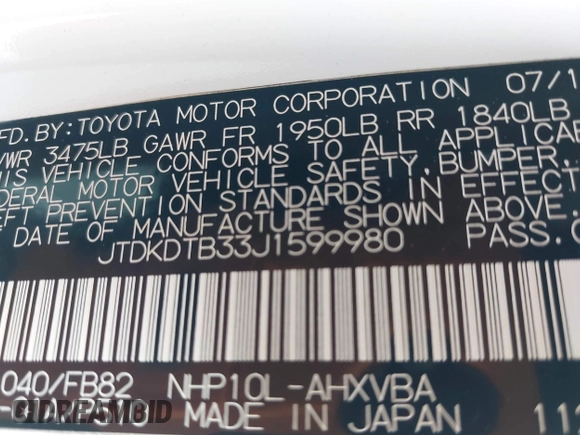 2018 Toyota Prius One with VIN JTDKDTB33J1599980, listed as a IAAI auction lot 42057855 with 112,027 mi miles and . Bid and sale history available at DreamBid. Image 9.