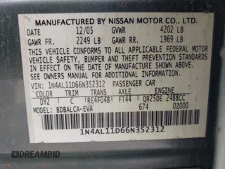 2006 Nissan Altima S z VIN 1N4AL11D66N352312, wystawiony jako IAAI lot #42365895 z przebiegiem Nie podano mil oraz . Historia ofert i sprzedaży dostępna na DreamBid. Obrazek 9.