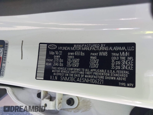 2022 Hyundai Tucson SEL с VIN 5NMJBCAE5NH106221, выставлен на аукционе IAAI как лот 41935350 с пробегом Не указан миль и . История ставок и продаж доступна на DreamBid. Изображение 9.
