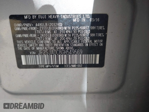 2016 Subaru Forester 2.5i Premium with VIN JF2SJADC8GH549569, listed as a IAAI auction lot 41828984 with 96,413 mi miles. Bid and sale history available at carsss.com. Image 9.