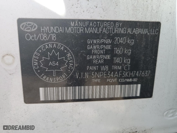 2019 Hyundai Sonata Sport with VIN 5NPE34AF3KH747637, listed as a Copart auction lot 48707865 with 189,257 mi miles and Salvage Title. Bid and sale history available at carsss.com. Image 13.