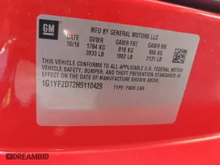 2017 Chevrolet Corvette 3LT with VIN 1G1YF2D72H5110429, listed as a IAAI auction lot 41809435 with 1 mi miles. Bid and sale history available at carsss.com. Image 9.
