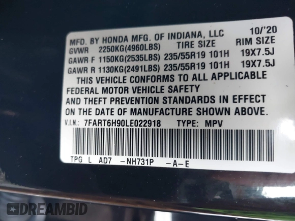 2020 Honda CR-V Touring с VIN 7FART6H90LE022918, выставлен на аукционе IAAI как лот 41004264 с пробегом 50 580 миль миль и . История ставок и продаж доступна на DreamBid. Изображение 9.