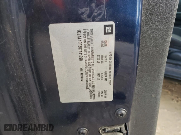 2008 Pontiac G5 z VIN 1G2AL18F387141890, wystawiony jako Copart lot #43430155 z przebiegiem 118 958 mil mil oraz Szkoda całkowita • Salvage title. Historia ofert i sprzedaży dostępna na DreamBid. Obrazek 12.