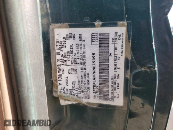 1992 Ford F-150 with VIN 1FTEF14N7NNB19495, listed as a Copart auction lot 78733494 with 250,495 mi miles and Salvage Title. Bid and sale history available at carsss.com. Image 14.