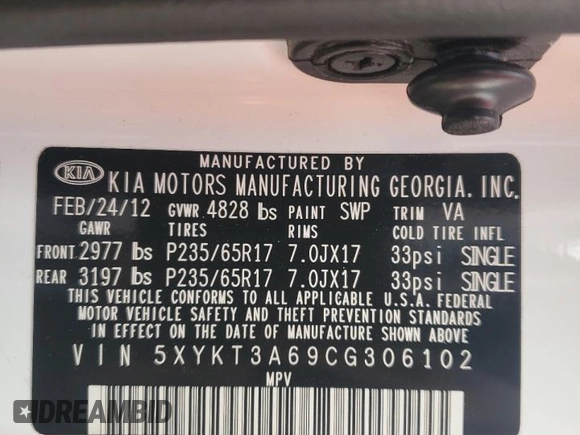 2012 Kia Sorento LX with VIN 5XYKT3A69CG306102, listed as a Copart auction lot 52996225 with 173,640 mi miles and Salvage Title. Bid and sale history available at carsss.com. Image 13.