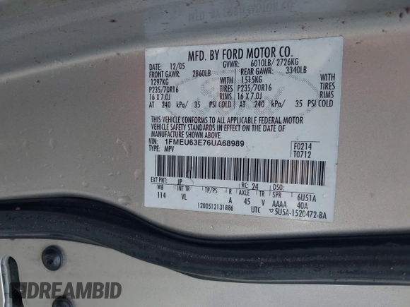 2006 Ford Explorer XLT with VIN 1FMEU63E76UA68989, listed as a IAAI auction lot 42480391 with Not provided miles and . Bid and sale history available at DreamBid. Image 9.