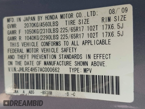 2010 Honda CR-V EX with VIN JHLRE4H57AC000662, listed as a IAAI auction lot 42196626 with 171,695 mi miles. Bid and sale history available at carsss.com. Image 9.