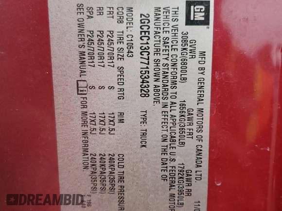 2007 Chevrolet Silverado 1500 Work Truck with VIN 2GCEC13C771534328, listed as a Copart auction lot 89359175 with 84,130 mi miles and Salvage Title. Bid and sale history available at DreamBid. Image 14.