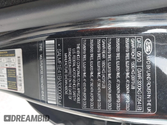 2011 Land Rover Range Rover SC with VIN SALMF1E41BA330009, listed as a IAAI auction lot 42603546 with 125,493 mi miles and . Bid and sale history available at DreamBid. Image 9.