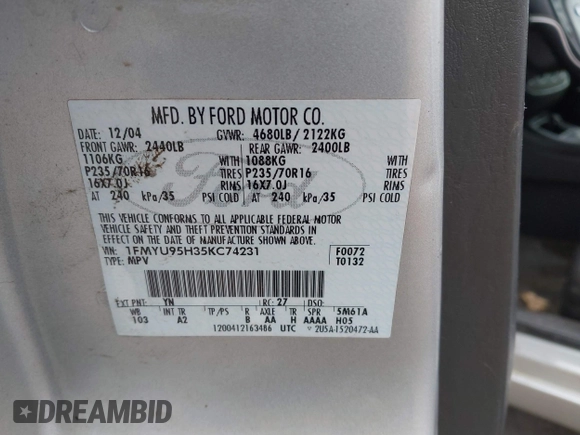 2005 Ford Escape с VIN 1FMYU95H35KC74231, выставлен на аукционе IAAI как лот 41688558 с пробегом 192 623 миль миль и . История ставок и продаж доступна на DreamBid. Изображение 9.