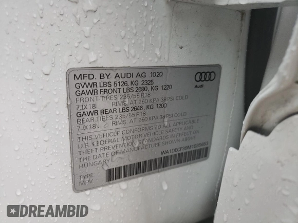 2021 Audi Q3 S line Premium with VIN WA1DECF39M1035653, listed as a Copart auction lot 50160195 with 24,648 mi miles and Salvage Title. Bid and sale history available at DreamBid. Image 14.