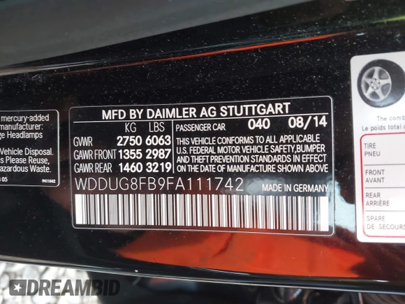 2015 Mercedes-Benz S 550 with VIN WDDUG8FB9FA111742, listed as a IAAI auction lot 42038153 with 119,711 mi miles and . Bid and sale history available at DreamBid. Image 9.