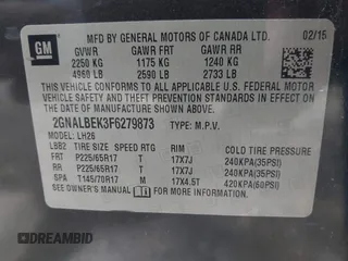 2015 Chevrolet Equinox LT with VIN 2GNALBEK3F6279873, listed as a IAAI auction lot 42097963 with 124,217 mi miles. Bid and sale history available at carsss.com. Image 9.
