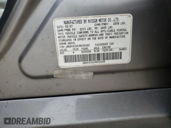 2007 Infiniti G35 Journey with VIN JNKBV61E67M725255, listed as a Copart auction lot 76251064 with 214,985 mi miles and Salvage Title. Bid and sale history available at DreamBid. Image 14.