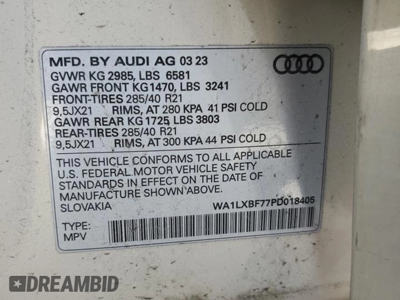 2023 Audi Q7 Premium Plus with VIN WA1LXBF77PD018405, listed as a Copart auction lot 55975455 with 15,702 mi miles and Salvage title. Bid and sale history available at DreamBid. Image 13.
