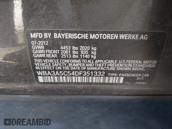 2013 BMW 3 Series 328i with VIN WBA3A5C54DF351332, listed as a IAAI auction lot 41547266 with 102,403 mi miles. Bid and sale history available at carsss.com. Image 9.