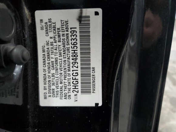 2008 Honda Civic Cpe EX-L with VIN 2HGFG12948H563391, listed as a Copart auction lot 68300774 with 87,226 mi miles and Salvage Title. Bid and sale history available at carsss.com. Image 12.