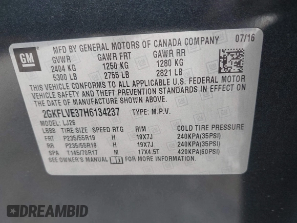 2017 GMC Terrain Denali with VIN 2GKFLVE37H6134237, listed as a IAAI auction lot 42569287 with 57,929 mi miles and . Bid and sale history available at DreamBid. Image 9.