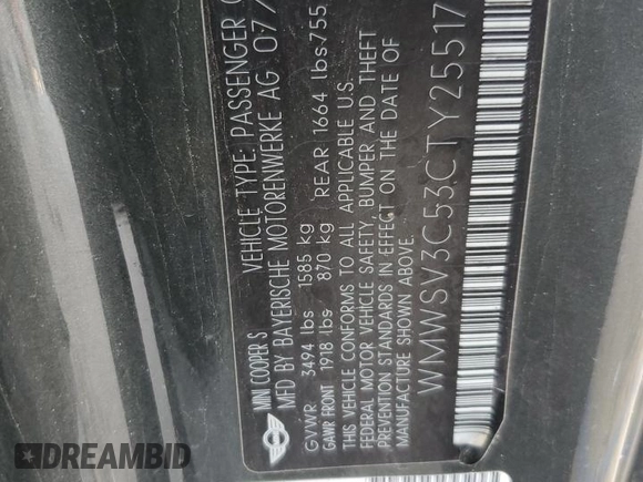 2012 MINI Hardtop S with VIN WMWSV3C53CTY25517, listed as a Copart auction lot 47500895 with 50,680 mi miles and Salvage title. Bid and sale history available at DreamBid. Image 12.