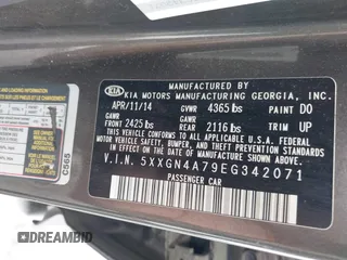 2014 Kia Optima EX with VIN 5XXGN4A79EG342071, listed as a IAAI auction lot 41732824 with Not Provided miles and . Bid and sale history available at carsss.com. Image 9.