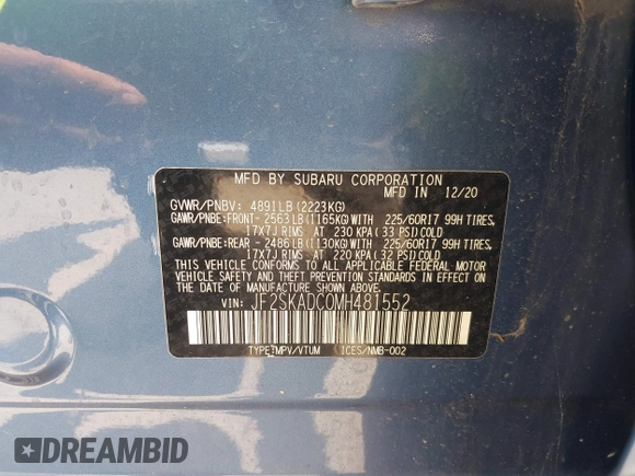 2021 Subaru Forester z VIN JF2SKADC0MH481552, wystawiony jako IAAI lot #42365784 z przebiegiem 22 549 mil mil oraz . Historia ofert i sprzedaży dostępna na DreamBid. Obrazek 9.