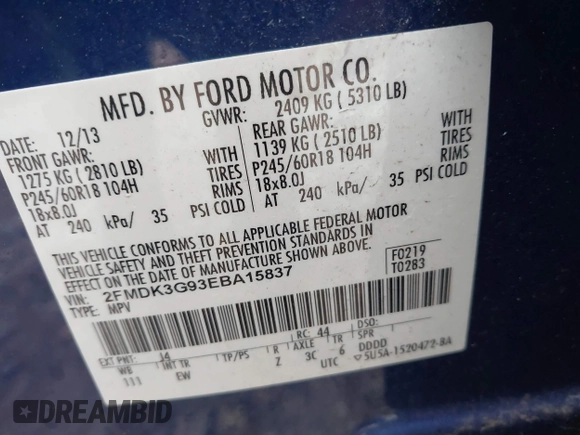 2014 Ford Edge SE z VIN 2FMDK3G93EBA15837, wystawiony jako IAAI lot #42253550 z przebiegiem 135 912 mil mil oraz . Historia ofert i sprzedaży dostępna na DreamBid. Obrazek 9.