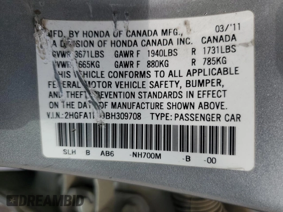 2011 Honda Civic LX with VIN 2HGFA1F59BH309708, listed as a Copart auction lot 53485515 with 215,954 mi miles and Salvage Title. Bid and sale history available at DreamBid. Image 14.