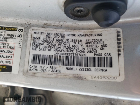 2007 Toyota Corolla CE z VIN 1NXBR32E87Z767229, wystawiony jako Copart lot #65415625 z przebiegiem Nie podano mil oraz Szkoda całkowita • Salvage title. Historia ofert i sprzedaży dostępna na DreamBid. Obrazek 12.