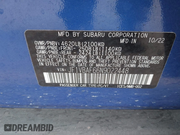 2022 Subaru WRX Premium with VIN JF1VBAF66N9022448, listed as a IAAI auction lot 42043788 with 38,018 mi miles and . Bid and sale history available at DreamBid. Image 9.