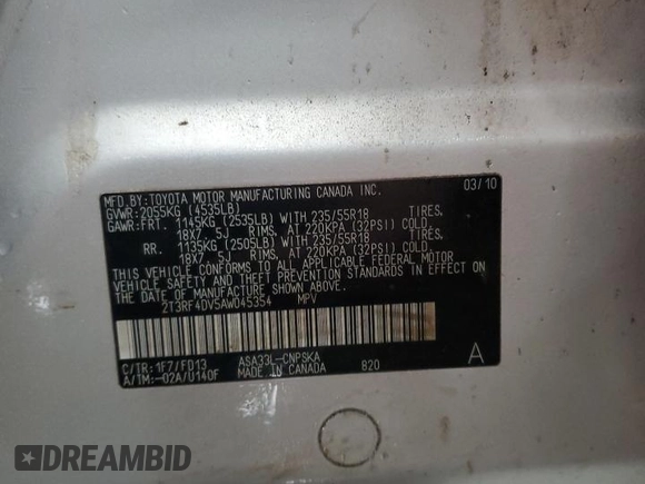 2010 Toyota RAV4 Sport with VIN 2T3RF4DV5AW045354, listed as a Copart auction lot 46178265 with 241,152 mi miles and Salvage Title. Bid and sale history available at carsss.com. Image 13.