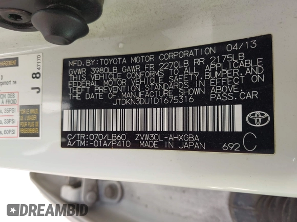2013 Toyota Prius One z VIN JTDKN3DU1D1675316, wystawiony jako IAAI lot #42091871 z przebiegiem 200 723 mil mil oraz . Historia ofert i sprzedaży dostępna na DreamBid. Obrazek 9.