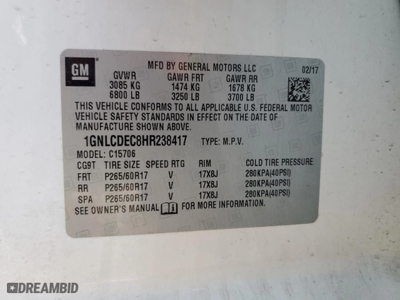 2017 Chevrolet Tahoe Commercial with VIN 1GNLCDEC8HR238417, listed as a Copart auction lot 50503545 with 0 mi miles and Clean Title. Bid and sale history available at carsss.com. Image 14.