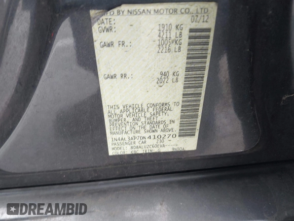 2013 Nissan Altima SV with VIN 1N4AL3AP7DN410270, listed as a IAAI auction lot 42107935 with 150,889 mi miles and . Bid and sale history available at carsss.com. Image 9.