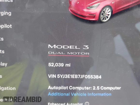 2018 Tesla Model 3 Long Range Battery with VIN 5YJ3E1EB7JF055384, listed as a IAAI auction lot 41924325 with 52,039 mi miles and . Bid and sale history available at DreamBid. Image 7.