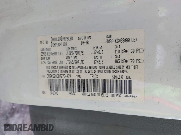 2007 Dodge Ram 2500 SLT with VIN 3D7KS28C87G734474, listed as a IAAI auction lot 41718467 with 293,013 mi miles. Bid and sale history available at carsss.com. Image 9.